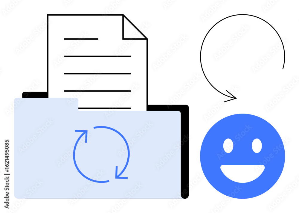 Poster folder with sync arrows, open document, and smiling face signifying successful updates or sharing. i