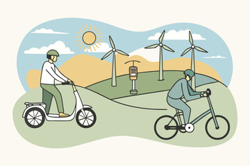 People riding electric scooter and bicycle near wind turbines
