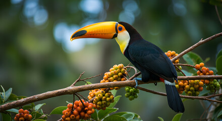 Naklejka premium A vibrant toucan perches on a branch laden with colorful berries, set against a lush green backdrop.