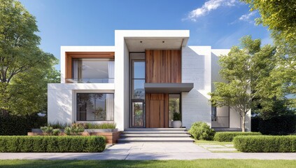 Modern house facade, sunny day, trees, garden.  Potential use Real estate