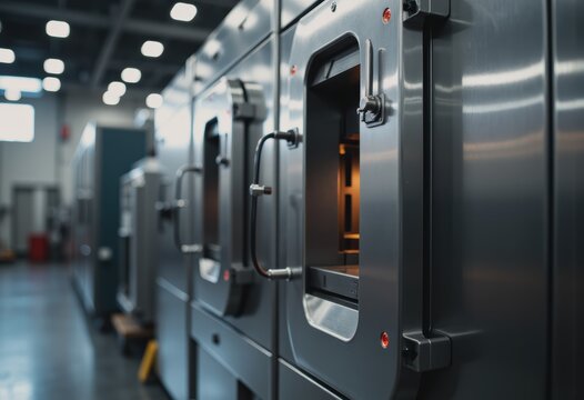 Rotational molding oven heating plastic powder in a manufacturing facility