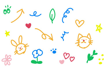 Fototapeta premium Colorful Doodle Clipart Set – Arrows, Animals, Hearts, Flowers, Hand-drawn Style