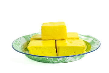 Tahu takwa (tahu kuning, tahu yellow tofu), traditional tofu from Kediri, East Java.This yellow color is tofu soaked with turmeric.