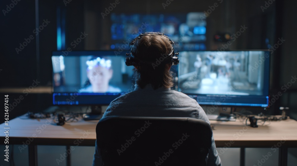 Poster medium shot of a test room setup featuring eyetracking devices on a desk with a participants focused