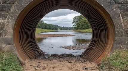 Industrial Portal: A Rusted Corrugated Culvert Framing a Serene River Landscape.