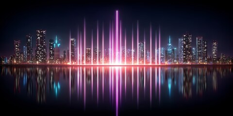 Fototapeta premium City skyline with a large purple and pink light show
