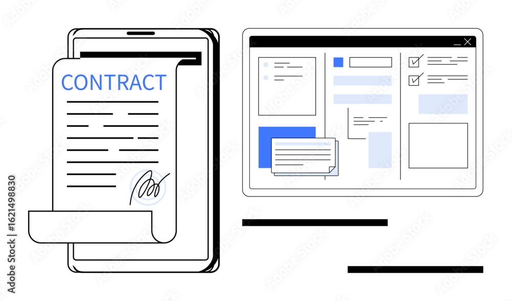 Poster digital contract with signature on tablet screen next to document interface. ideal for business, rem