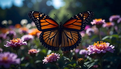 Obraz premium A monarch butterfly rests in a vibrant garden filled with colorful flowers, creating a serene and beautiful natural scene.