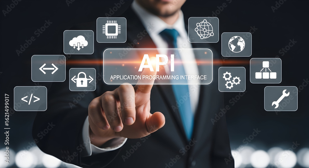 Poster businessman interacts with glowing api interface, symbolizing digital transformation and connectivit