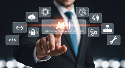 Businessman interacts with glowing API interface, symbolizing digital transformation and connectivity