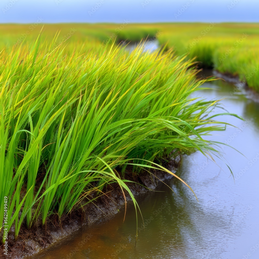 Poster field of tall grass with a river running through it
