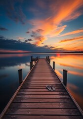 Obraz premium Wooden pier stretches into a calm lake at sunset, reflecting the colorful sky and creating a peaceful scene