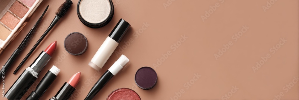 Poster editorial layout featuring diverse makeup products on a textured background with ample copy space fo