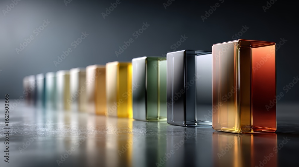 Poster row of colorful boxes are lined up on a table
