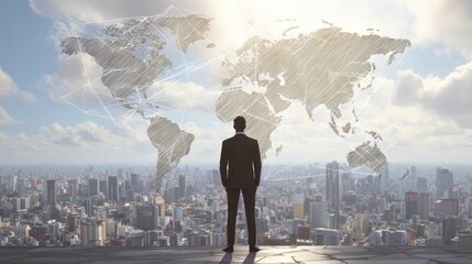 Businessman Presenting Global Network and Connectivity on World Map, Embodying Business Technology Concept with Hopeful Skyward Gaze Amidst Urban Skyline