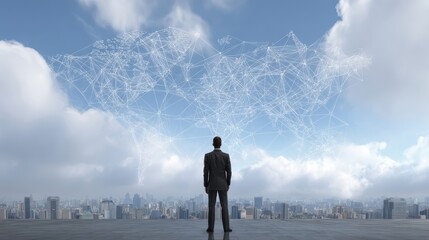 Businessman Presenting Global Network and Connectivity on World Map, Embodying Business Technology Concept with Hopeful Skyward Gaze Amidst Urban Skyline