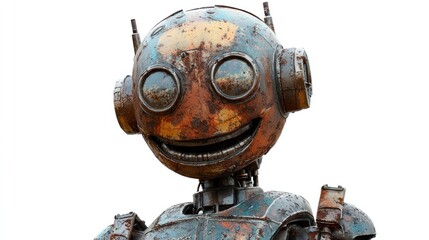 Detailed image of an aged robot with rusty metal and a smiling expression