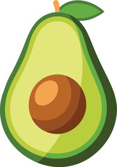 Stylized avocado halved with pit and leaf