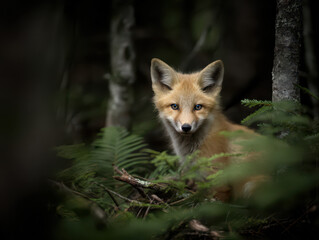 Fototapeta premium Portrait of a wild red fox with vivid eyes, caught from a distance deep within an ancient forest