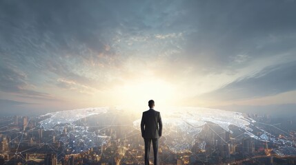 Businessman Presenting Global Network and Connectivity on World Map, Embodying Business Technology Concept with Hopeful Skyward Gaze Amidst Urban Skyline