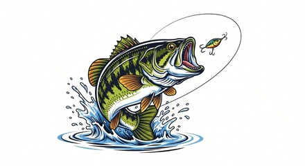 Excited bass leaping for lure artwork catches the thrill of fishing in vibrant detail illustration fun