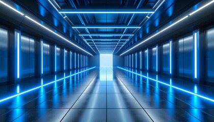 Obraz premium A long, empty futuristic corridor with glowing blue and white neon lights. The symmetrical interior has reflective floors and a bright light at the end of the tunnel.