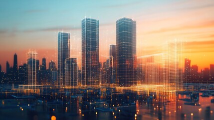 Obraz premium futuristic city skyline with network connections representing digital infrastructure and interconnected urban development against a backdrop of vibrant sunset colors