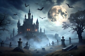 A spooky halloween scene featuring a gothic castle under a full moon, with bats flying over a misty cemetery, creating an eerie and ominous atmosphere