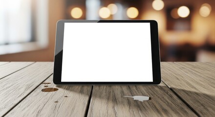 Modern tablet on rustic wood table with blank screen for your stunning design or captivating advertisement