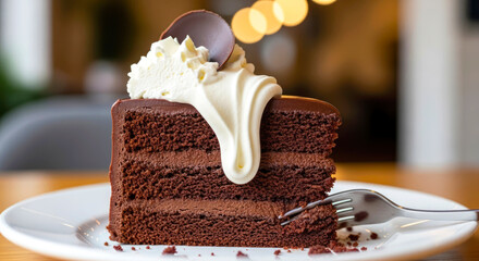 close-up of a decadent chocolate cake slice with whipped cream and chocolate garnish