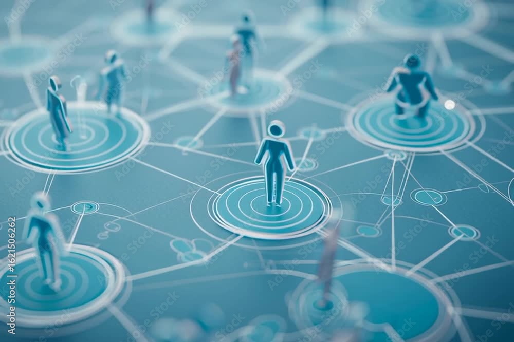 Poster a network of interconnected circles with human figures on them, representing the global reach and co