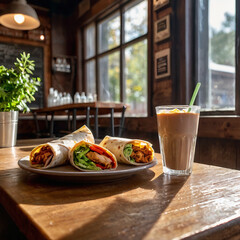 Fresh Wraps and Iced Coffee on Wooden Table in Cozy Cafe Setting
