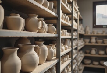 Shelves filled with bisque-fired ceramic pieces ready for glazing