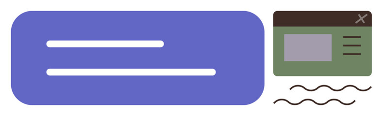 Fototapeta premium Minimal layout featuring a large text box, compact UI panel, and decorative wavy lines. Ideal for web design, UX concept, user interface, navigation, creativity, organization simple flat metaphor