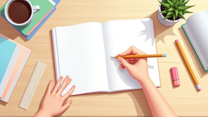 Overhead view of hands writing in an open notebook with school supplies on a wooden desk, symbolizing education and creativity