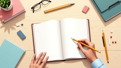 Overhead view of a person writing with a pencil in an open blank notebook. Creative workspace flat lay with stationery and glasses on a wooden desk.