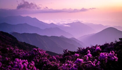 Mountain vista at dawn, vibrant purple flowers