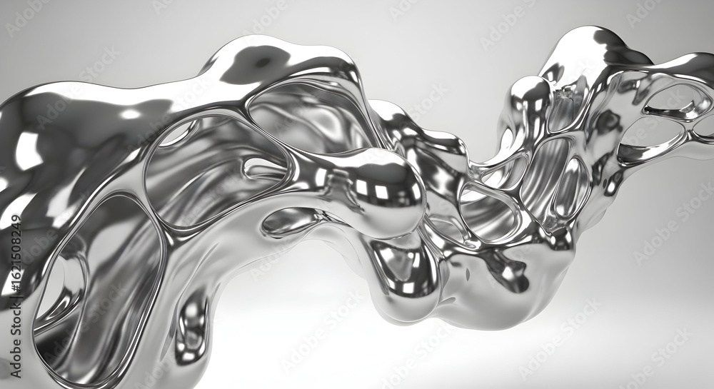 Poster metallic silver abstract shape 3d render shiny metal chrome light reflections futuristic graphic des