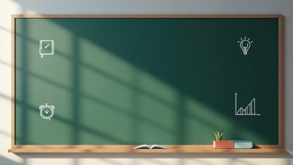 Green classroom chalkboard with business icons for strategy, planning, and ideas, with sunlight from a window.