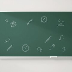 Conceptual illustrations on a green chalkboard, symbolizing educational processes, creative ideas, time management, and problem-solving for learning and progress.