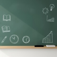 Business planning and education concept with chalk drawings of graphs, books, and ideas on a green chalkboard.