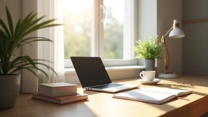 Sunlit home office desk with a laptop, books, and coffee. Concept of a productive and peaceful remote work environment.