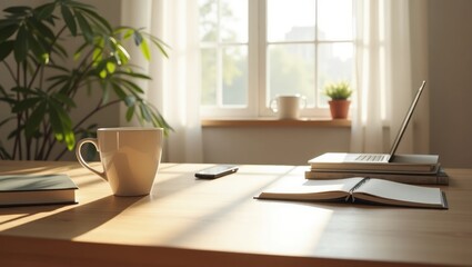 Peaceful home office desk with laptop and coffee in morning sunlight. A tranquil remote workspace for productivity and focus.