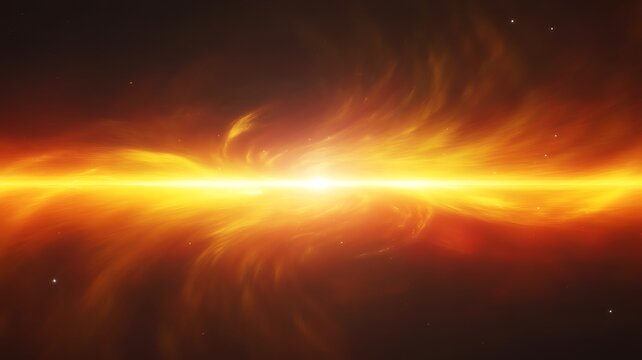 Bright yellow cosmic nebula with swirling orange gas clouds space galaxy - Powered by Adobe