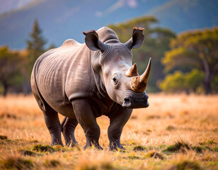 Obraz premium A rhinoceros stands proudly in a savanna. Its horn and textured skin are prominent.