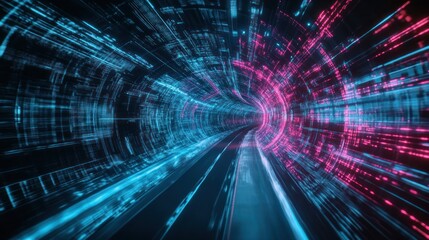 Futuristic tunnel with neon blue and pink digital data streams