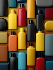 Fototapeta premium Geometric Arrangement of Bold-Tone Cosmetic Bottles on a Clean Background Showcasing Color Contrast and Modern Design Elements