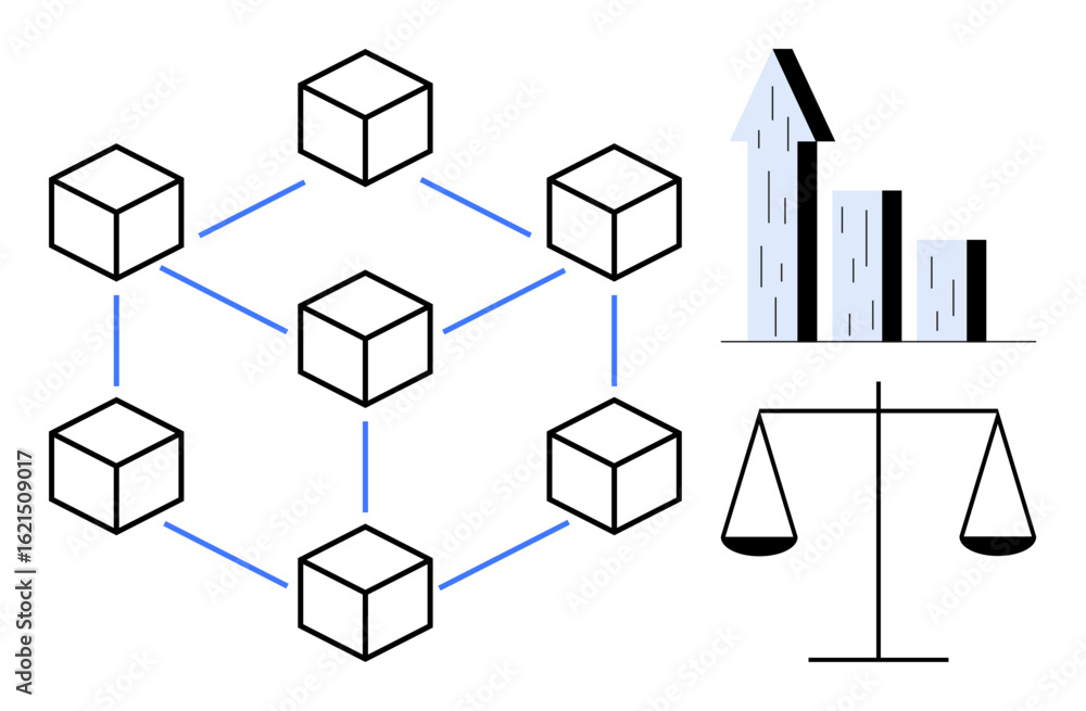 Poster connected blockchain cubes, arrowed bar chart showing upward growth, and a balance scale for fairnes
