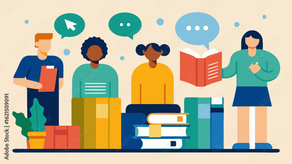 Poster community event a community event in a library showcasing books in multiple formats audiobooks brail