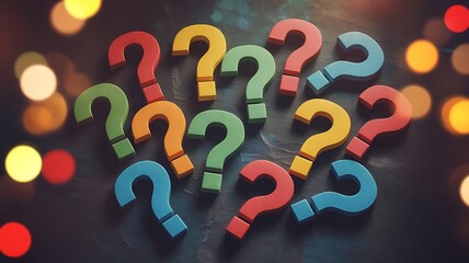 Colorful question marks scattered on a dark surface with bokeh lights symbol punctuation